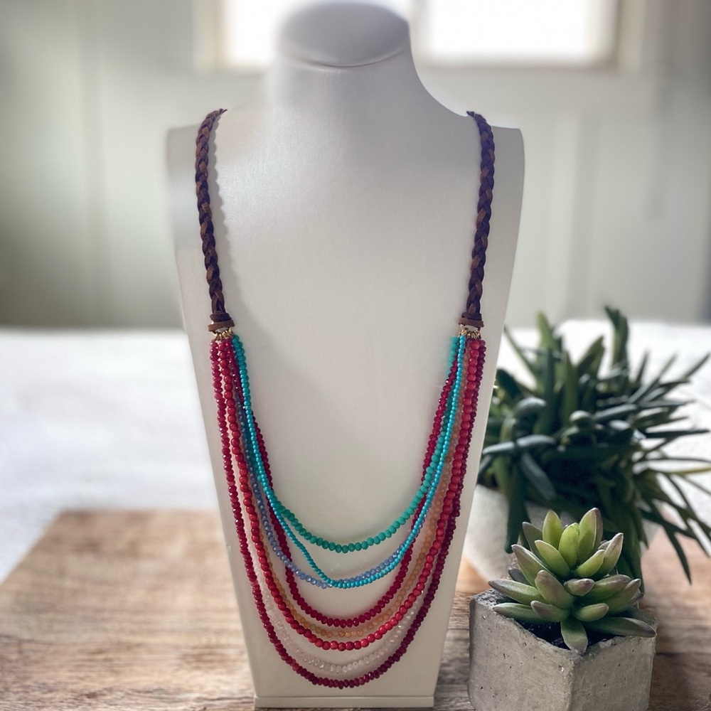 NEIMAN MARCUS Multicolor Beaded & Leather Necklace